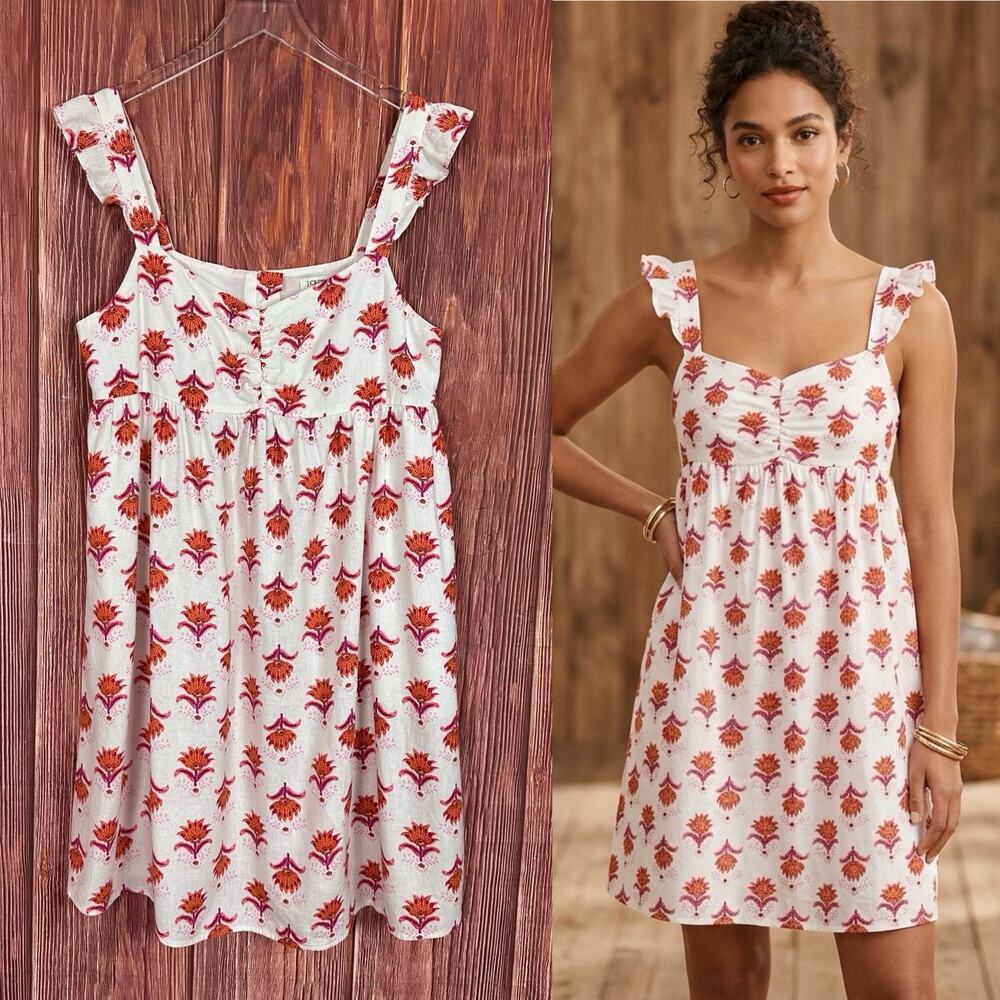 J. Crew Sleeveless Mini Dress Vibrant Boho‎ Ruffle Strap Linen Blend Size 12